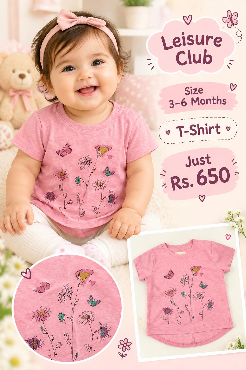 Leisure Club Pink Floral Butterfly Print T-Shirt for Baby Girls