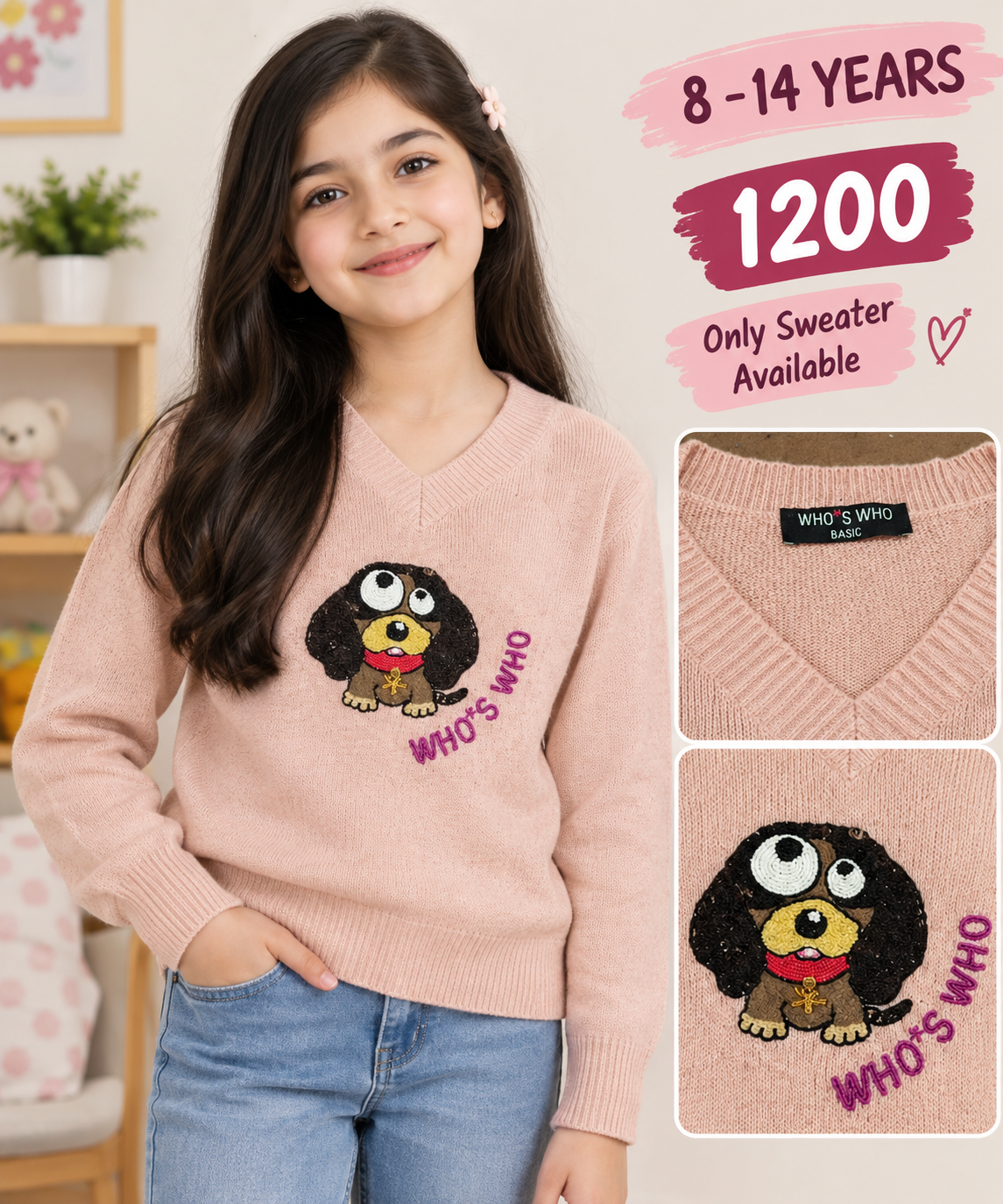 Who's Who Basic Pink Dog Graphic V-Neck Sweater for Girls