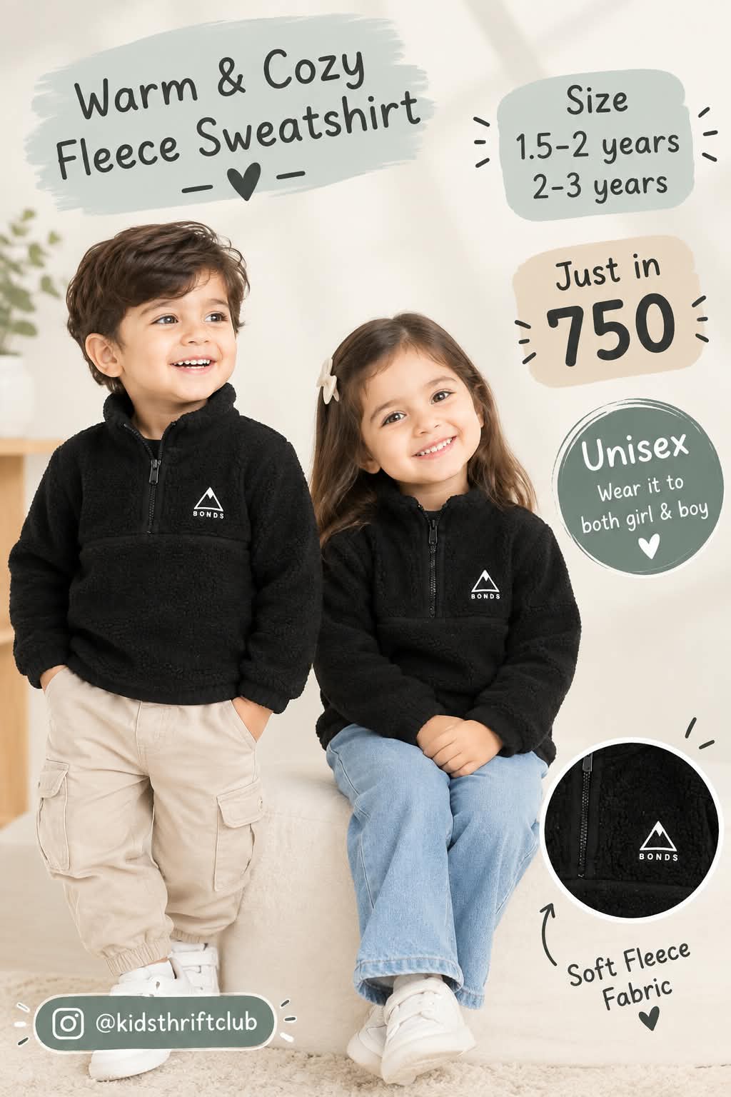 Unisex Black Warm & Cozy Fleece Sweatshirt for Kids