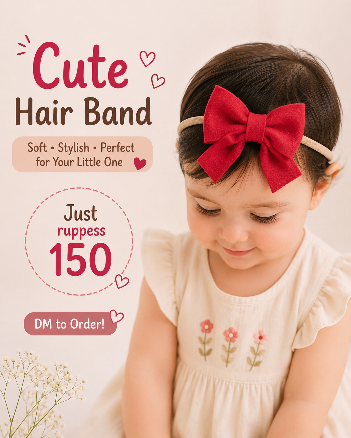 Cute Deep Red Baby Girl Bow Headband – Skin-Friendly & Non-Marking