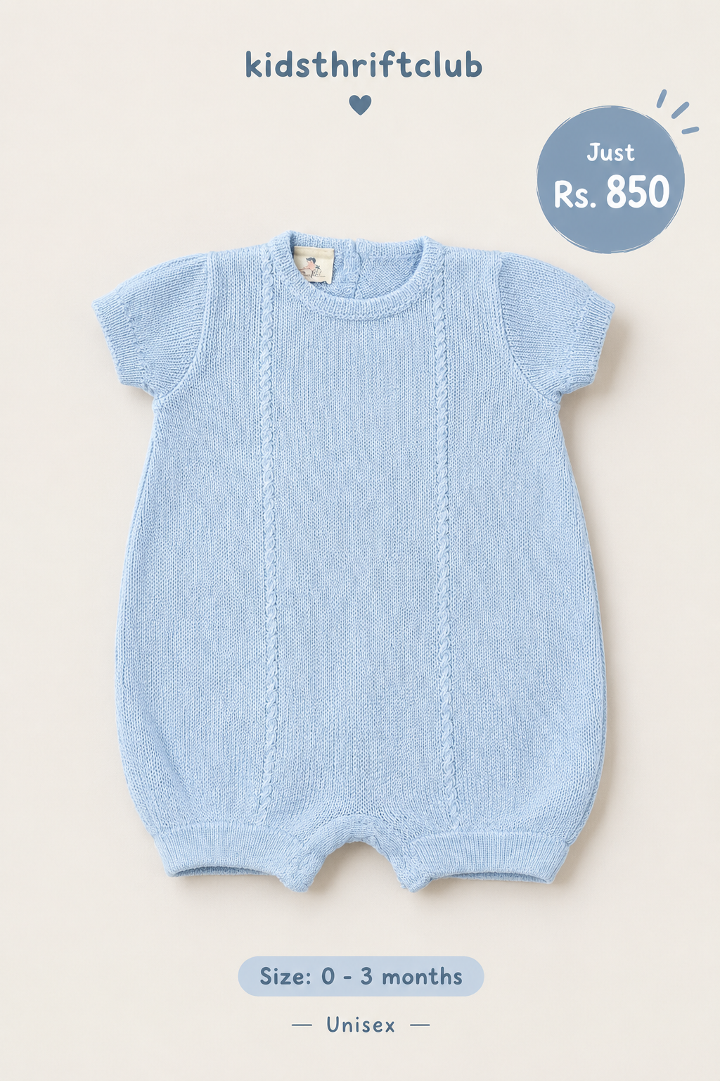 Kidsthriftclub Light Blue Cable Knit Unisex Romper for Newborn Infants