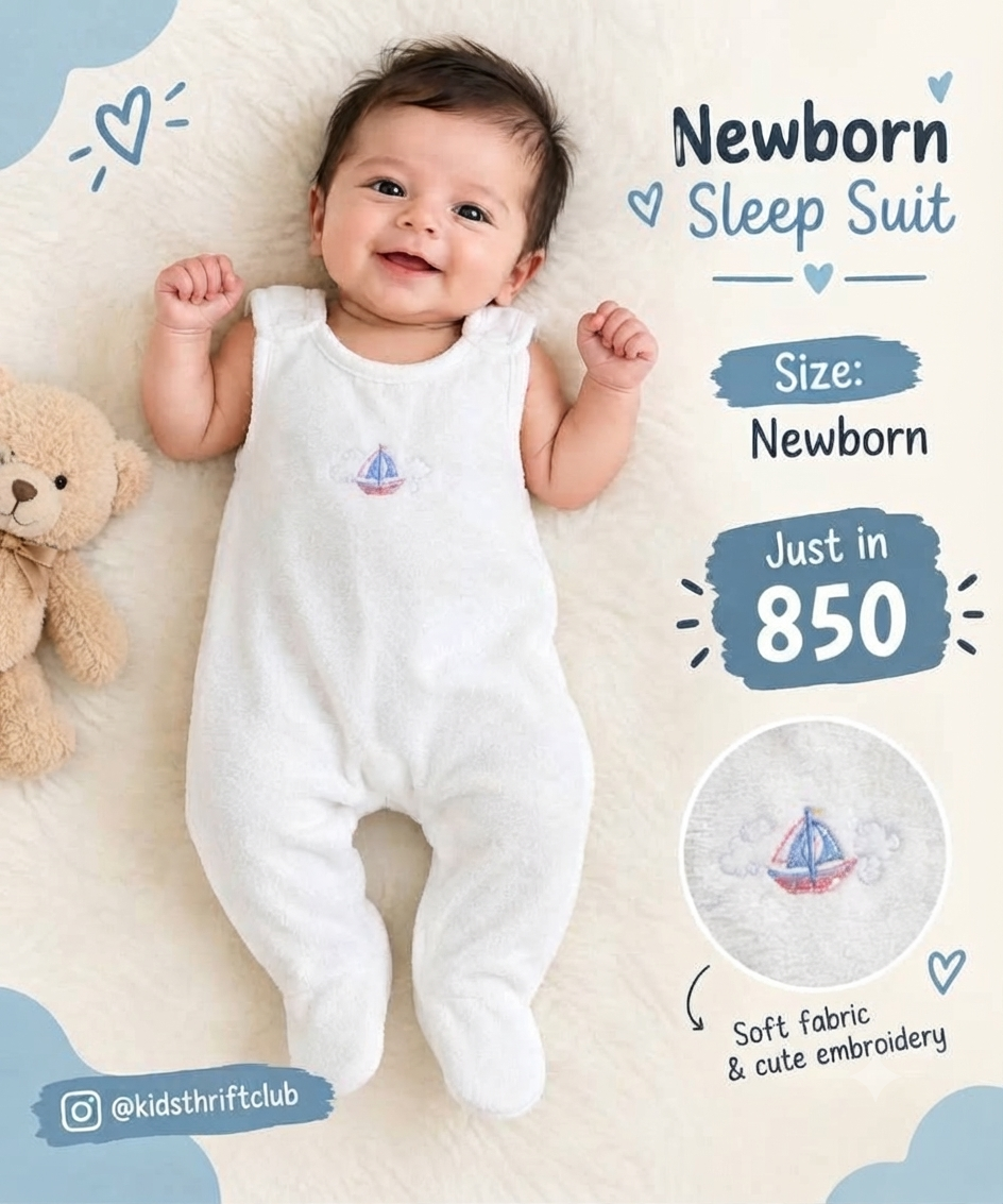 White Embroidered Newborn Sleep Suit | Cozy Sleeveless Baby Footed Romper