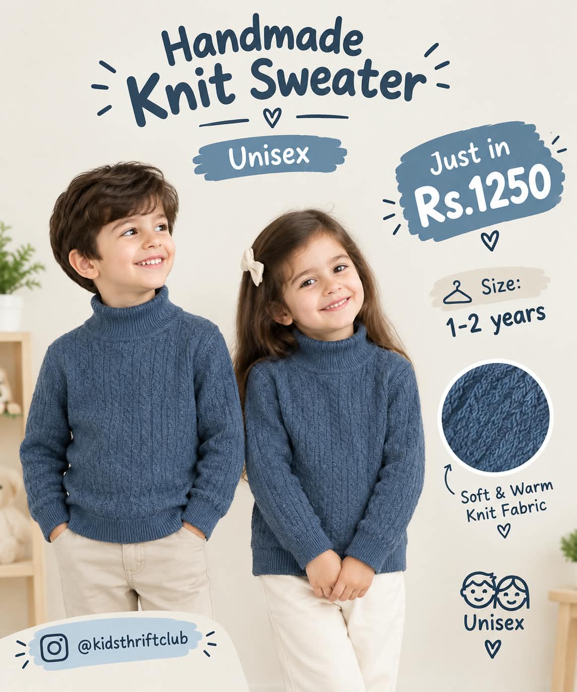 Unisex Blue Handmade Knit Sweater for Toddlers