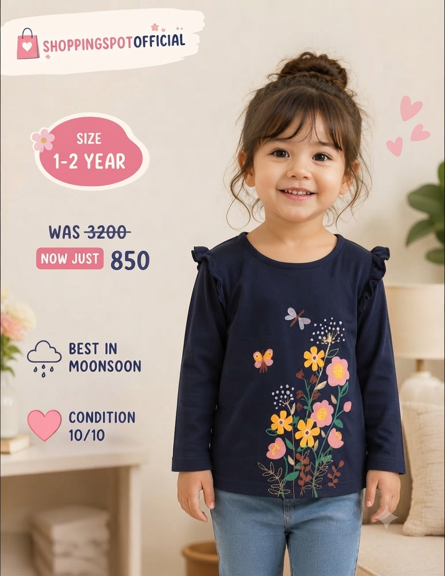 Minnie Minor Girls Floral Butterfly Printed Long Sleeve Top – Navy Blue