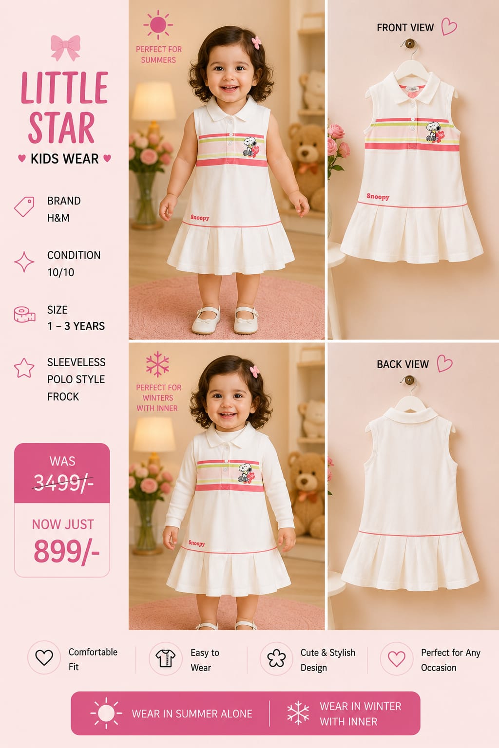 H&M Baby Girls White Snoopy Sleeveless Polo Frock – All-Season Tennis Style Dress