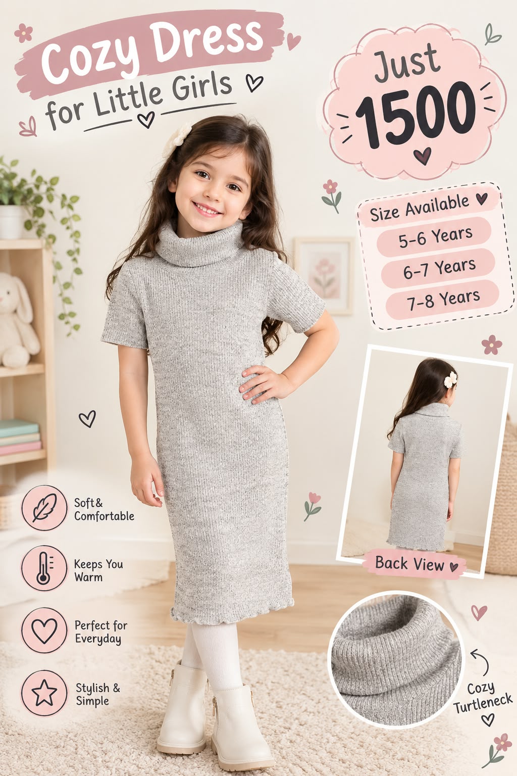 Cozy Grey Turtleneck Knit Dress for Little Girls