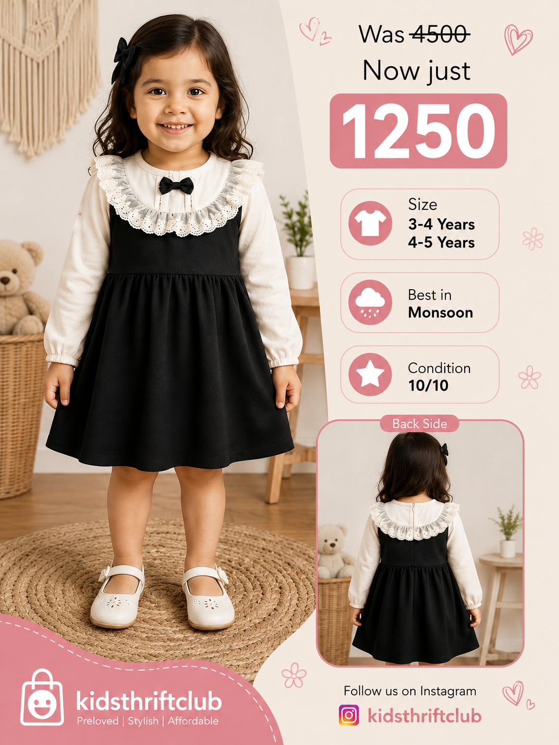 Girls Black & White Collared Party Dress with Lace Detail & Bow - Pre-Loved Kidswear