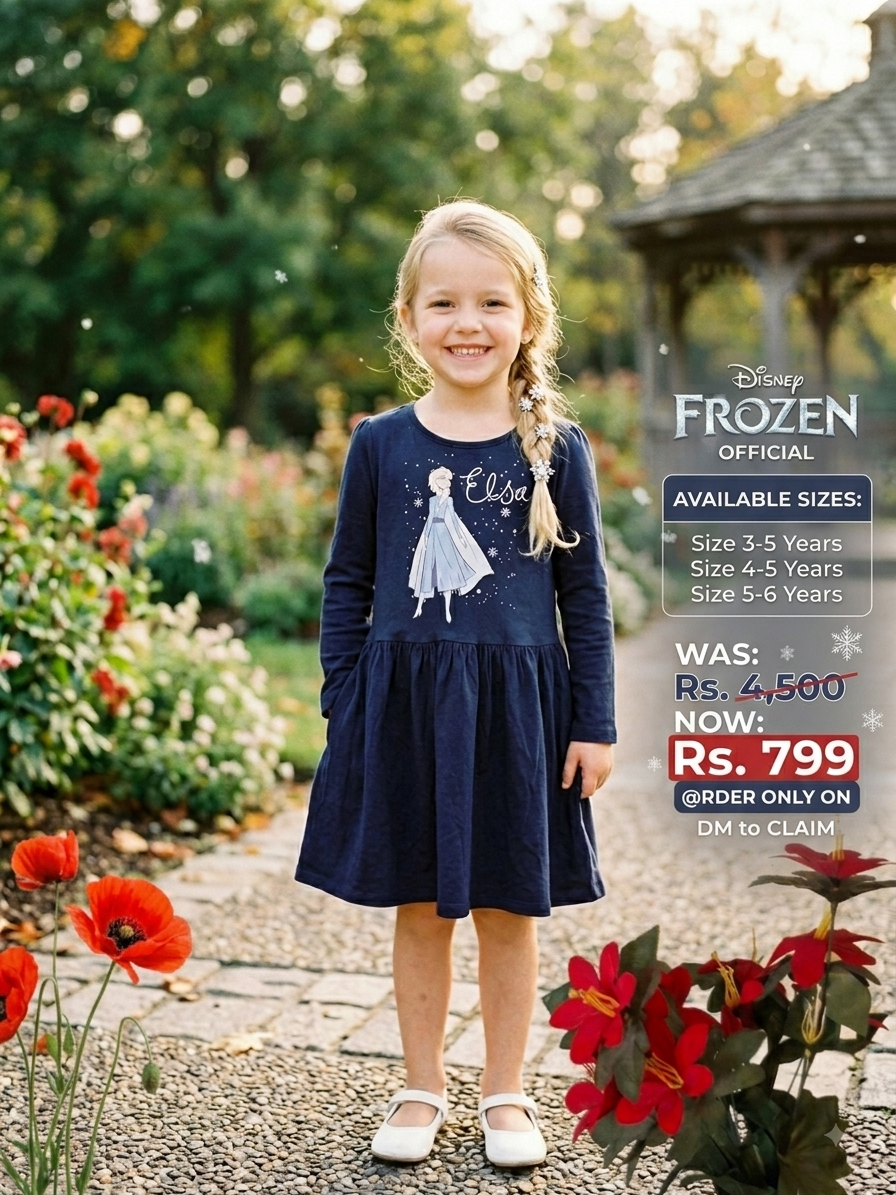 Disney Frozen Elsa Girls Navy Blue Long-Sleeve Casual Dress