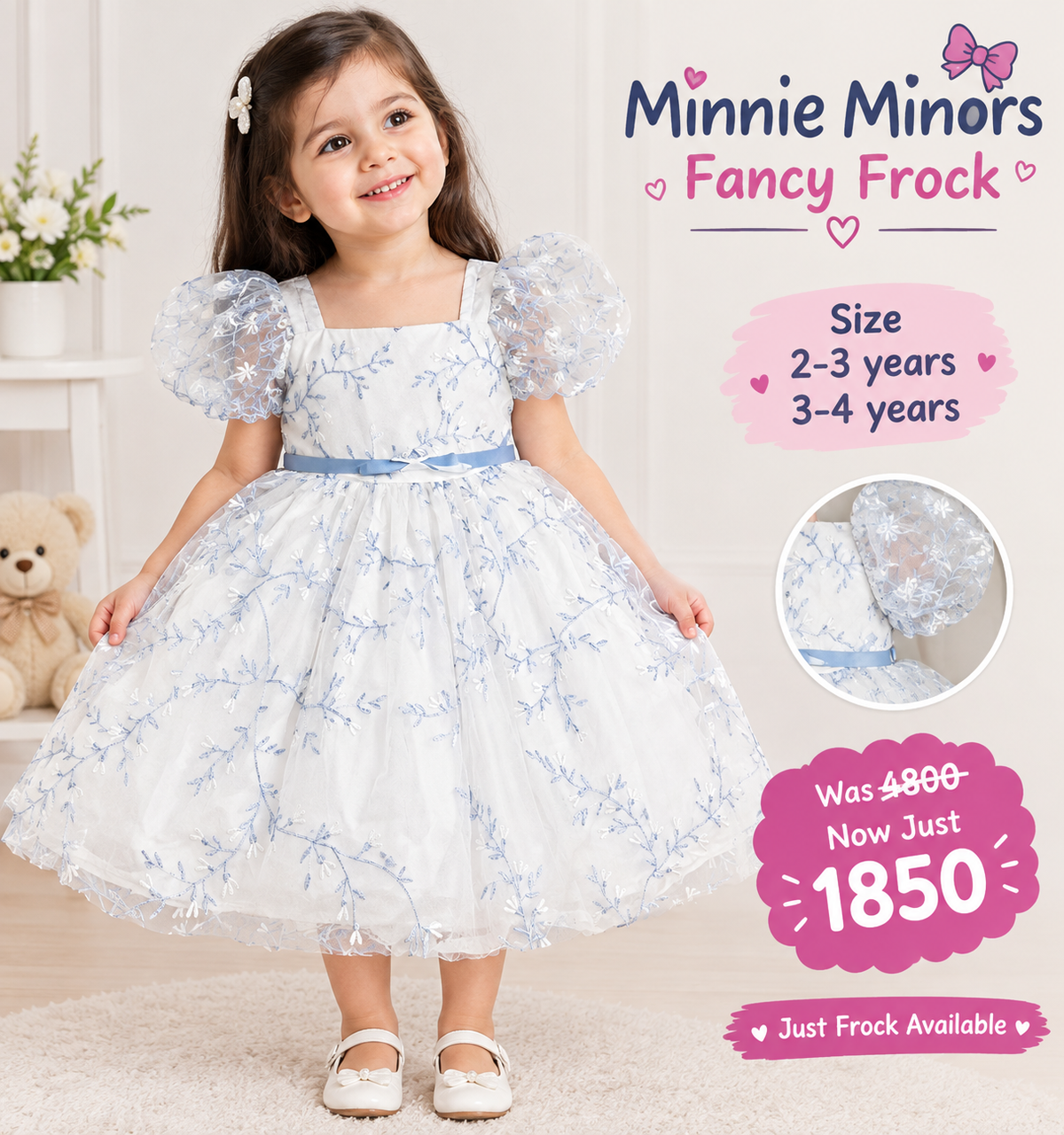 Minnie Minors White and Blue Embroidered Fancy Frock for Girls