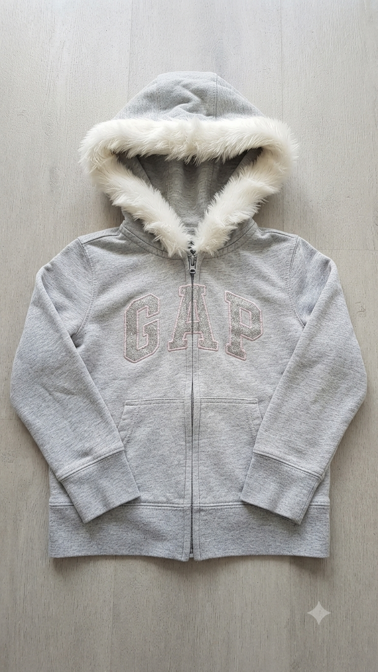 Gray Fur-Lined Winter Hoodie for Kids | Cozy Unisex Zip-Up Sweatshirt