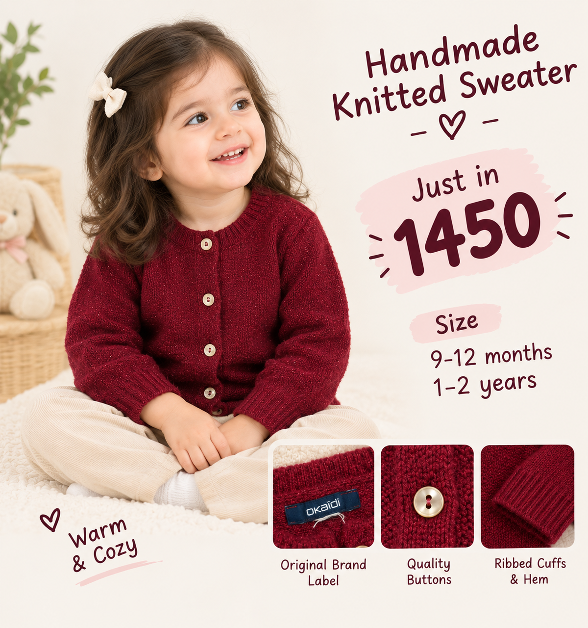 Handmade Knitted Maroon Cardigan for Kids | Unisex Boys & Girls Winter Sweater