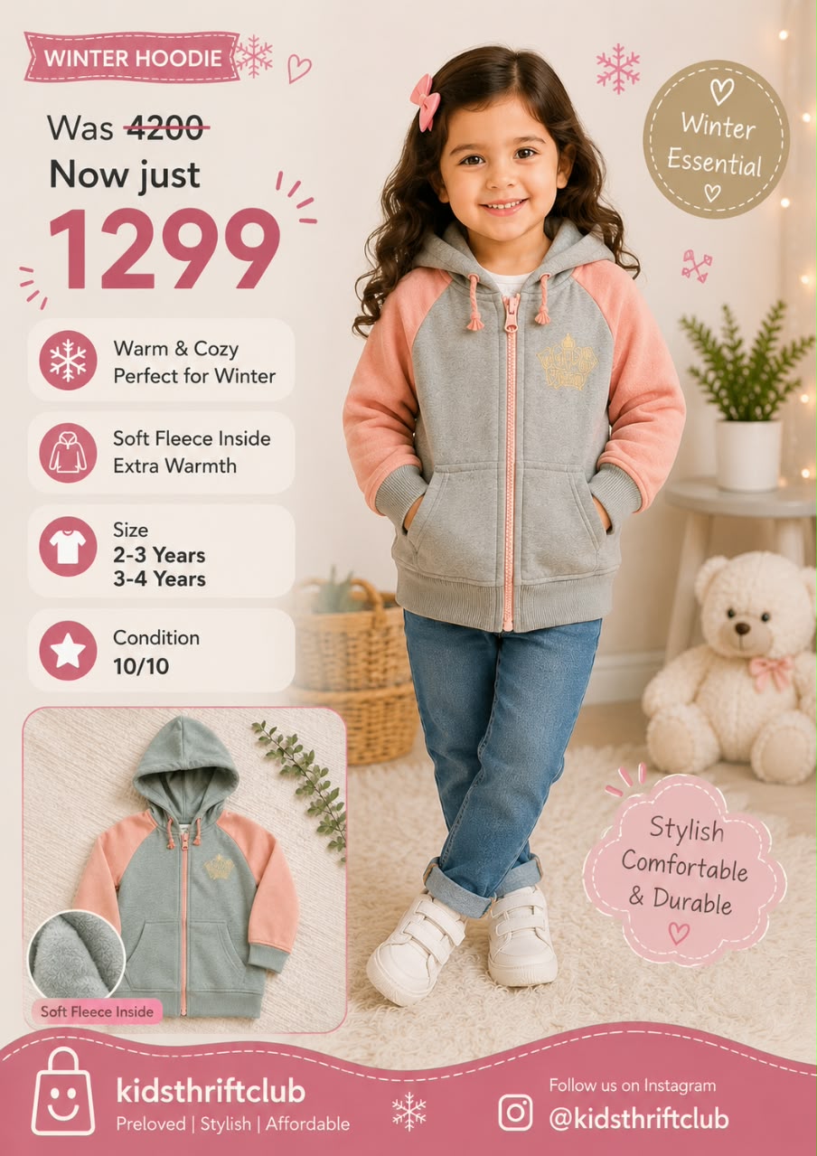 Girls Grey & Pink Fleece Winter Hoodie – Warm Zip-Up Hoodie