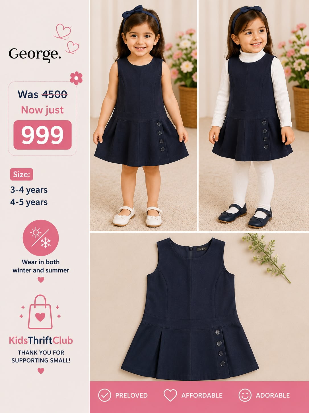 George Girls Dark Navy All-Season Pinafore Dress with Side Button Detail