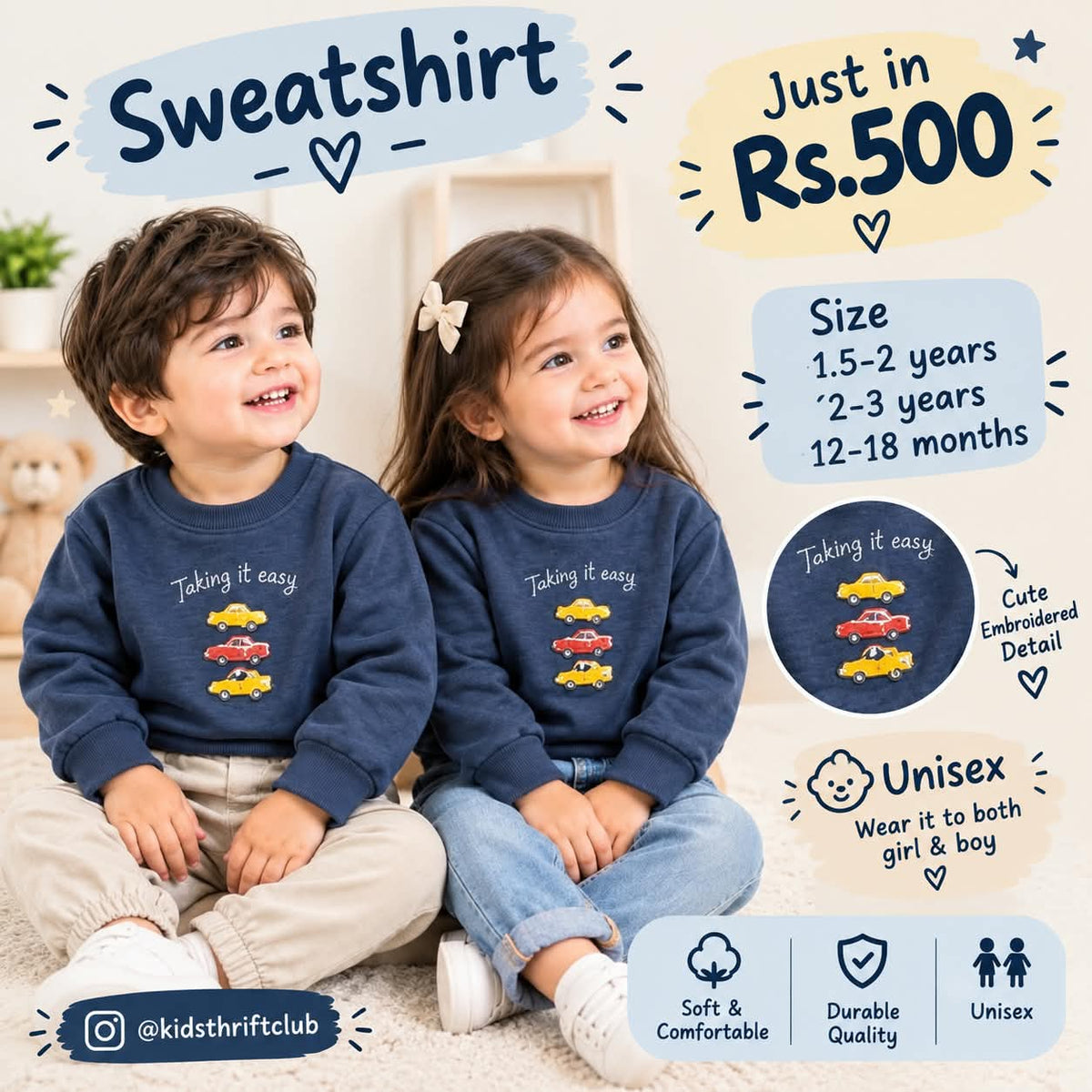 Kids "Taking It Easy" Embroidered Car Design Unisex Sweatshirt