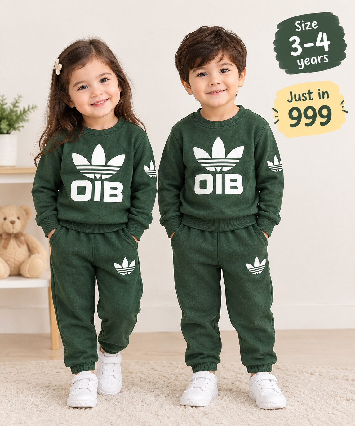 Unisex Dark Green "OIB" Logo Sweatshirt and Trouser Set for Kids