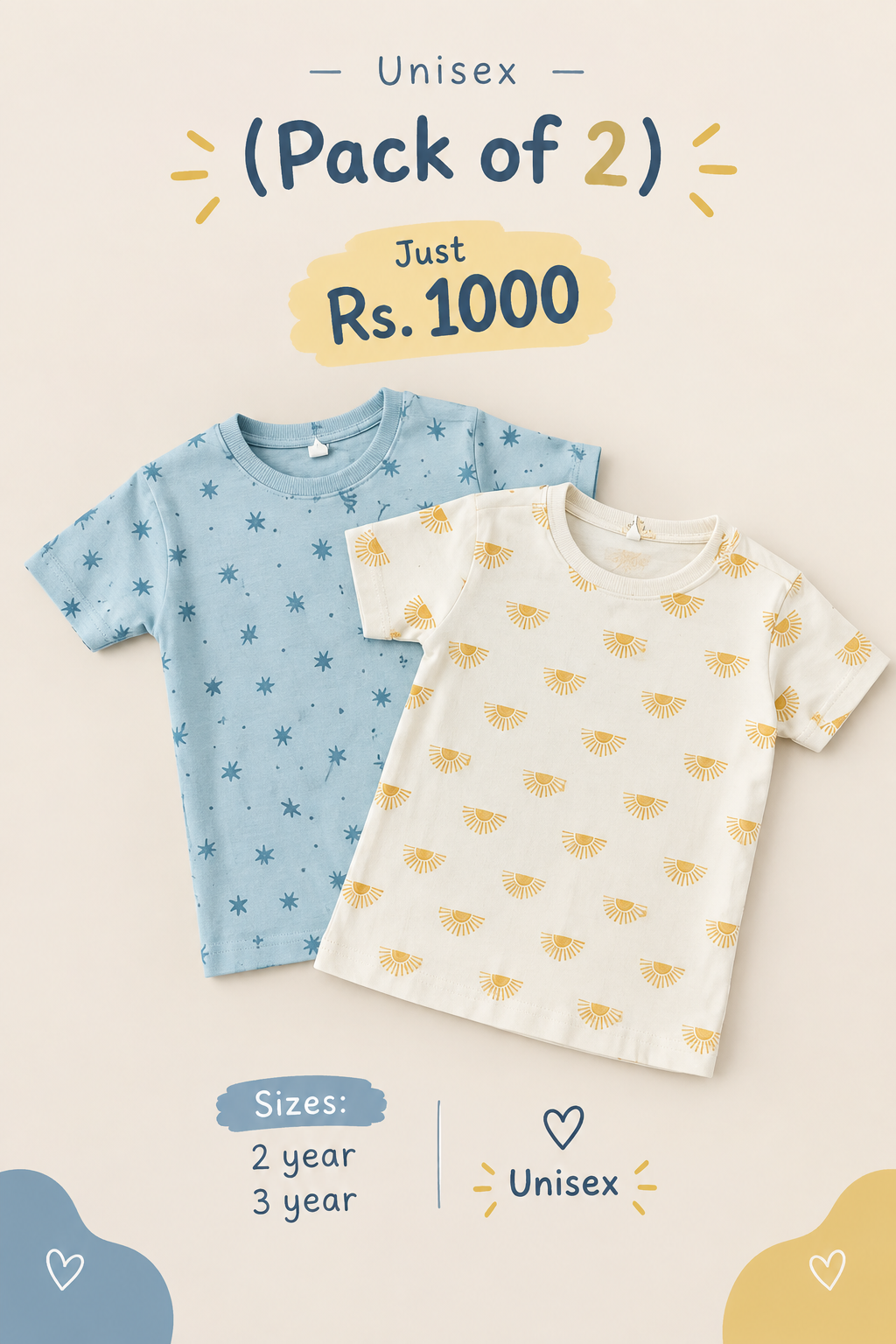 Unisex Star and Sun Print Cotton T-Shirts Pack of 2 for Kids