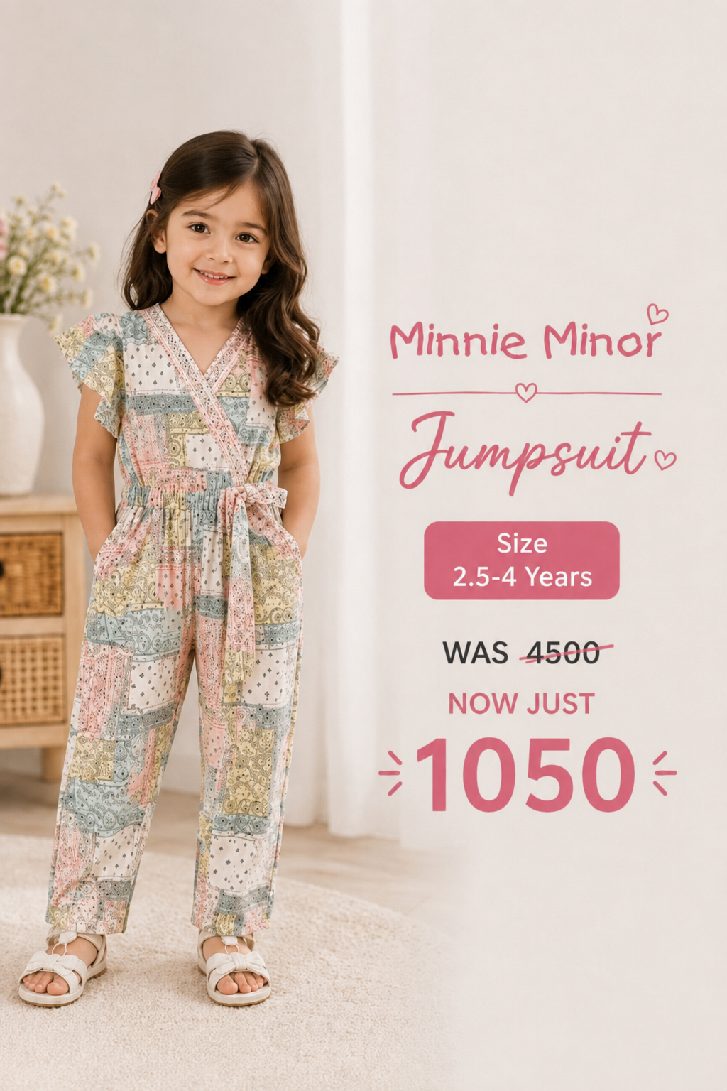 Minnie Minor Floral Patchwork Printed Girls Jumpsuit with Flutter Sleeves
