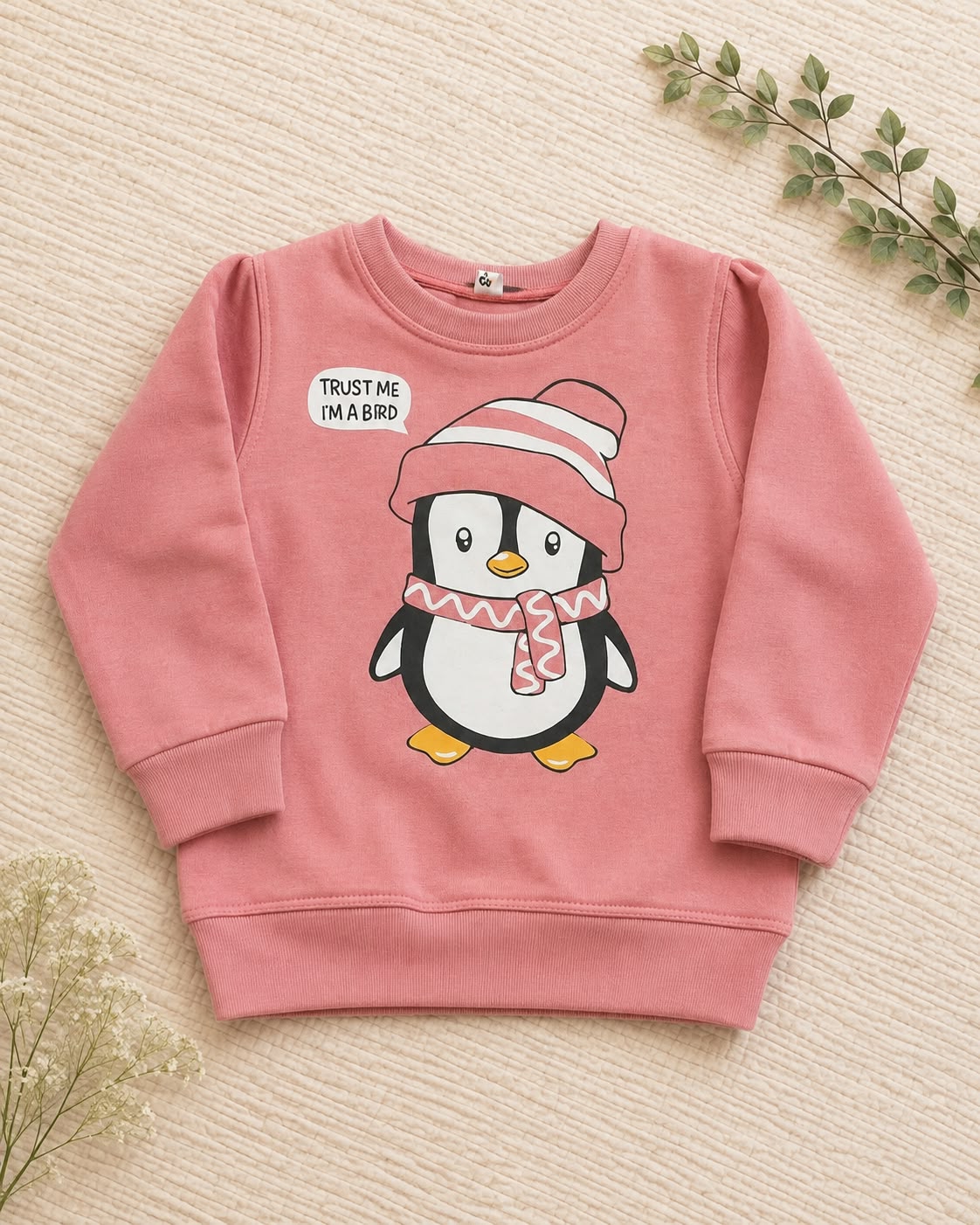 Girls Pink Penguin Printed Sweatshirt – Cute Winter Kids Sweatshirt