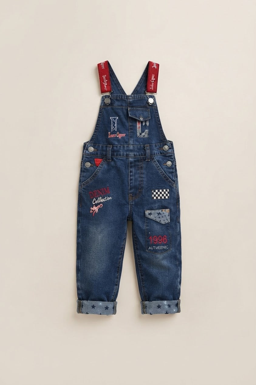 Unisex Denim Romper with Red Straps and Patches for Infants and Toddlers