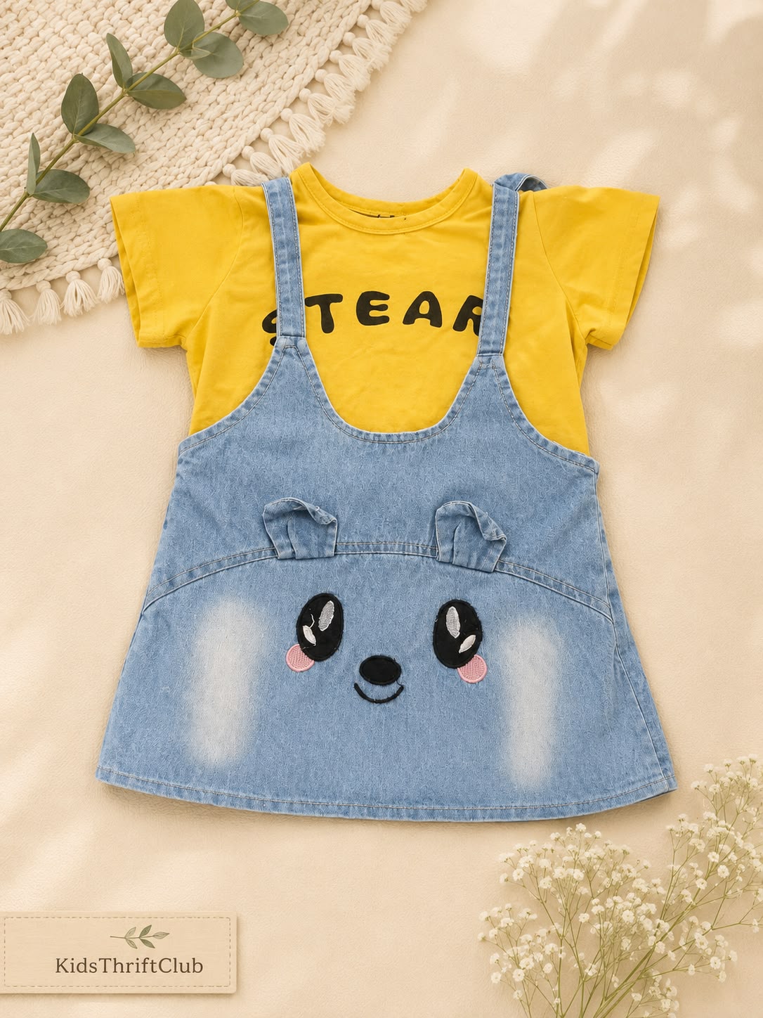 2-Piece Bear Face Denim Dress & Yellow T-Shirt Outfit Set