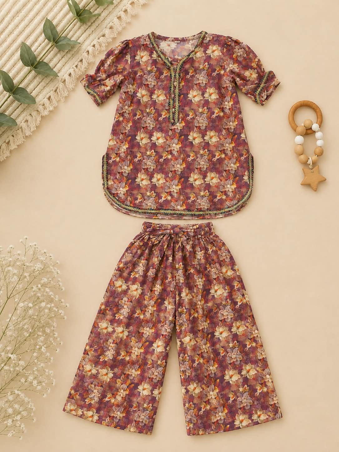 Maroon Floral Short Shirt with Farshi Shalwar Set for Girls