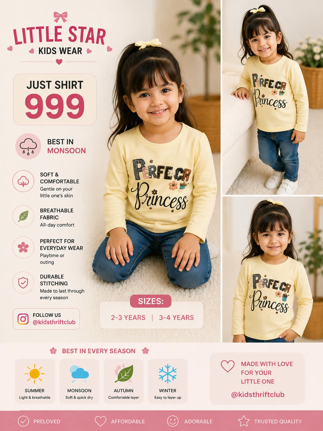 Kidlooks Baby Girls Yellow "Perfect Princess" Long Sleeve Shirt (2–4 Years) – Cotton Top