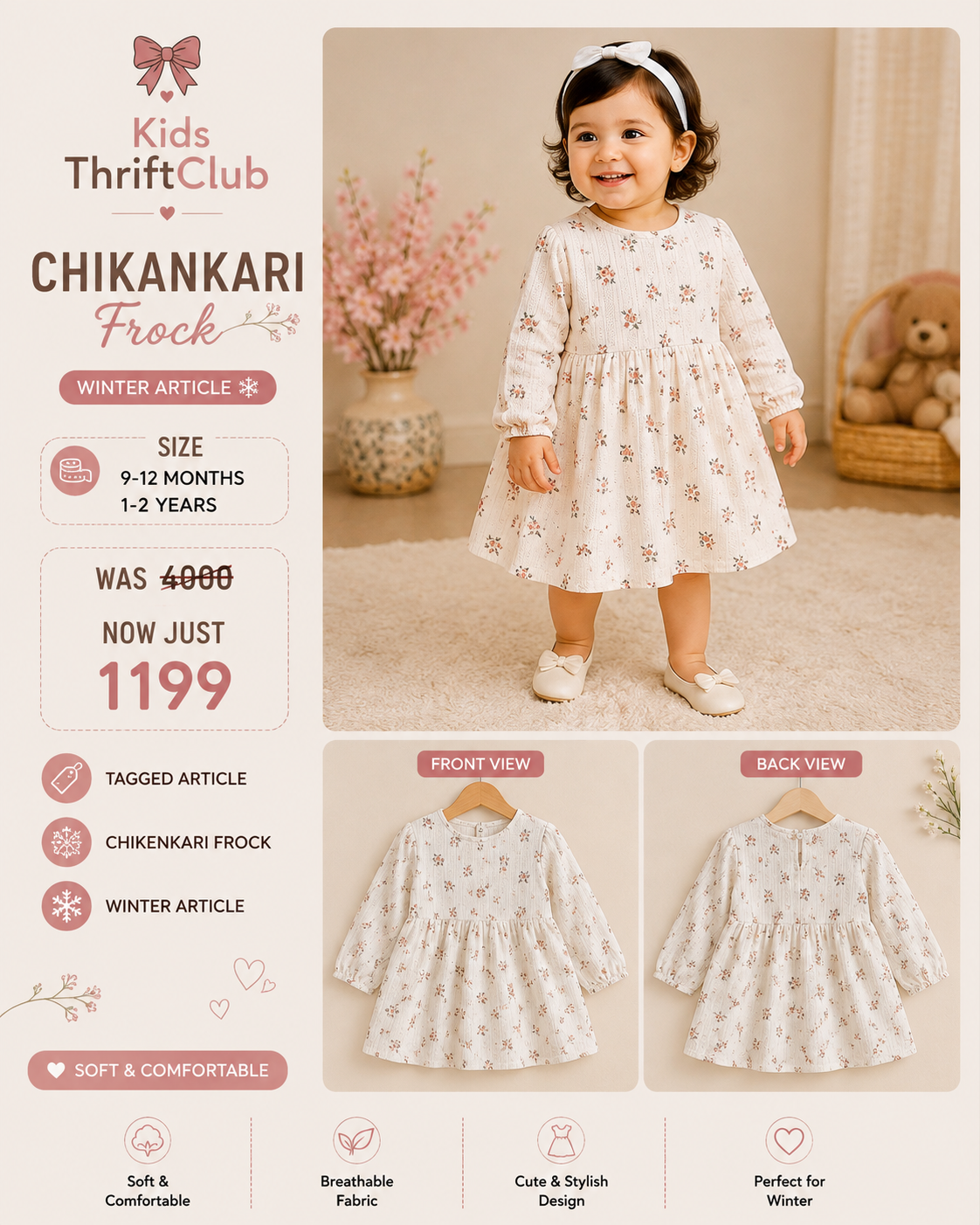 Girls White Floral Chikankari Winter Frock | Full-Sleeve Baby Girl Dress