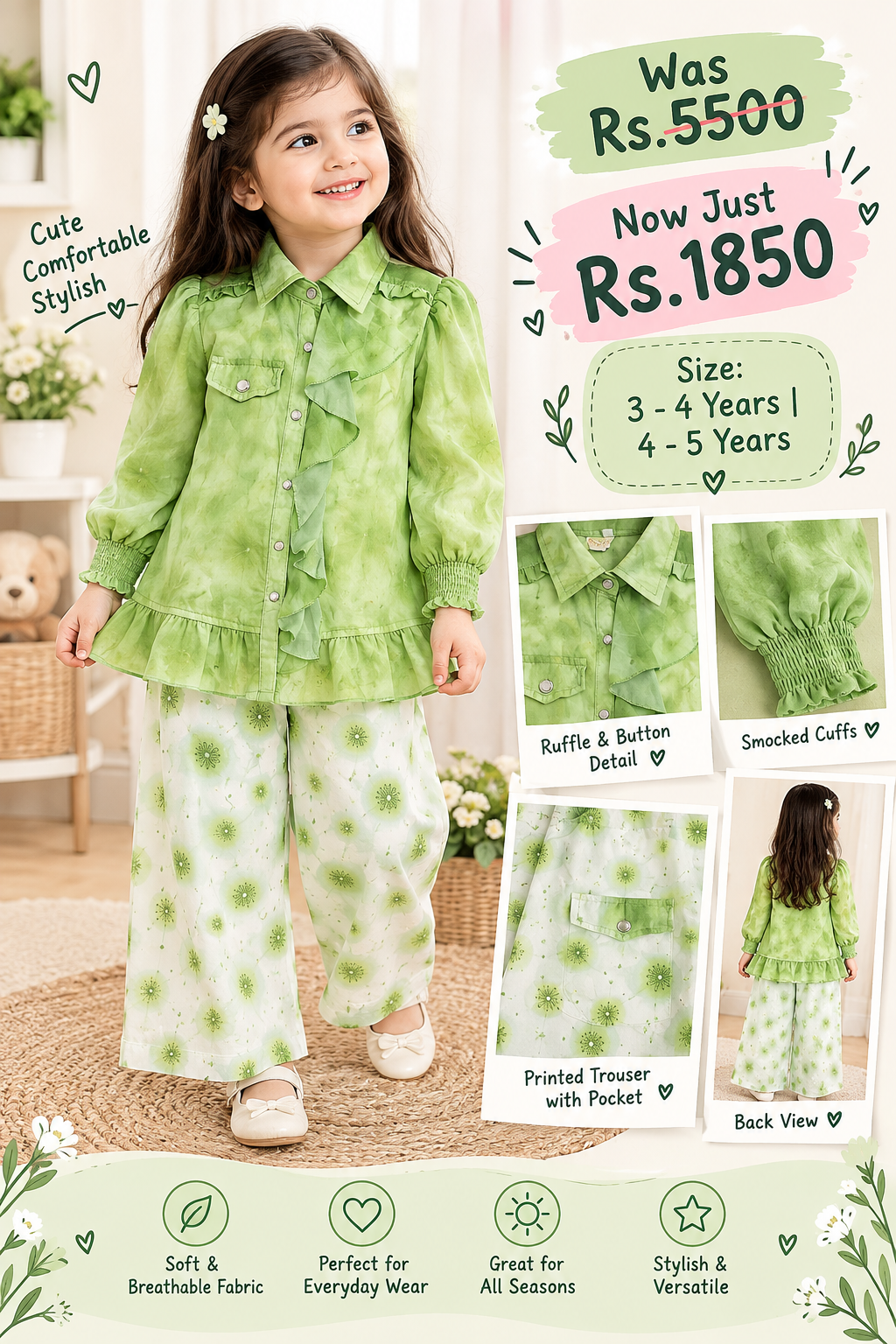 Green Printed Co-Ord Set for Girls | Ruffle Shirt & Matching Trousers Outfit