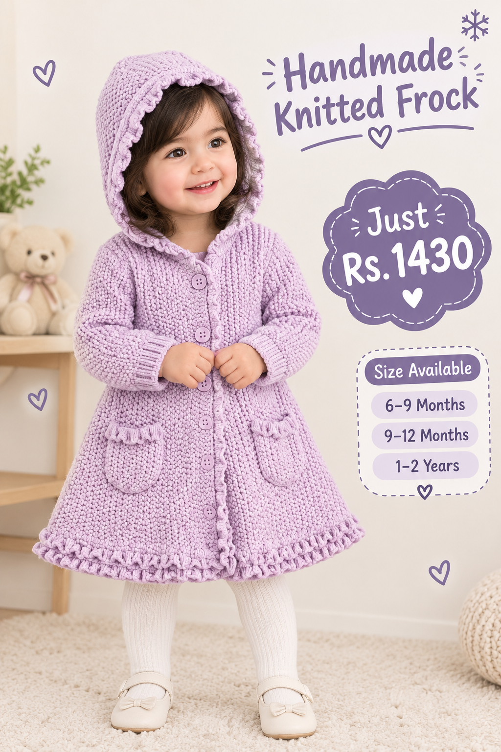 Handmade Knitted Hooded Frock for Baby Girls