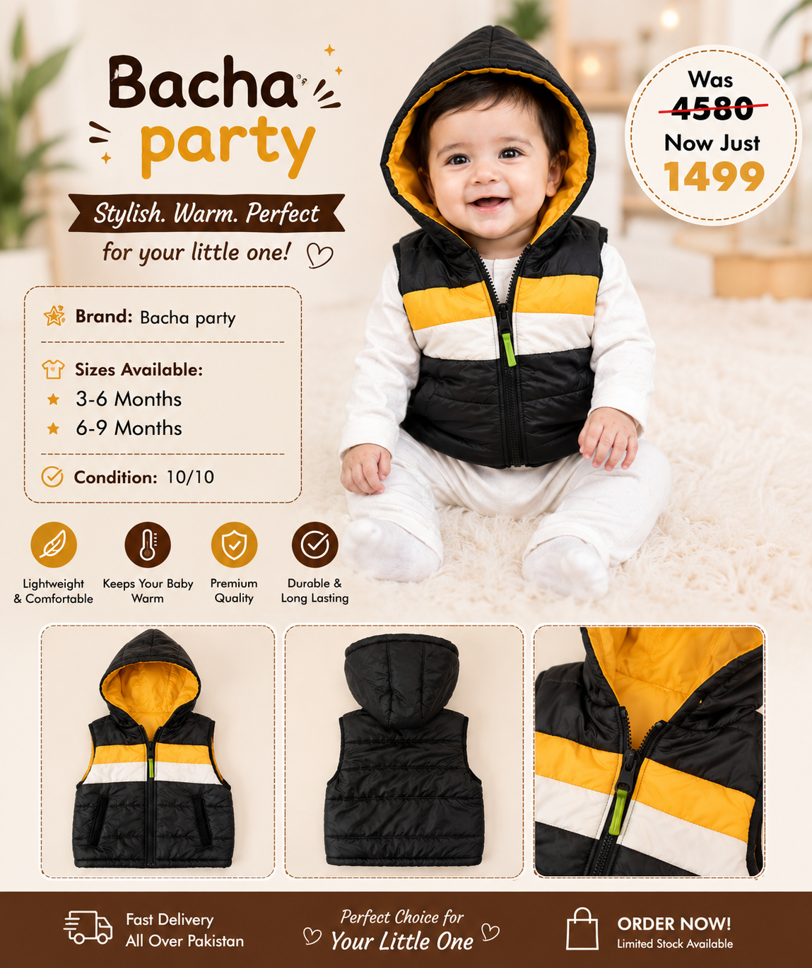 Bacha Party Black & Yellow Hooded Baby Puffer Vest