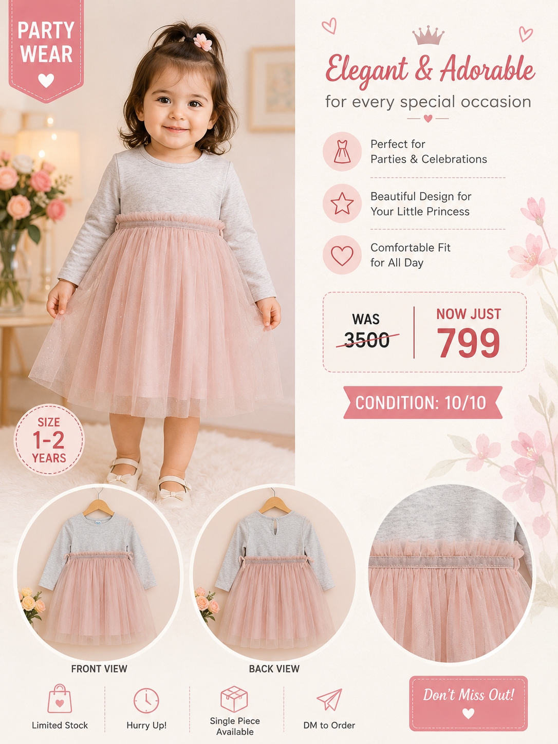 Baby Girls Light Pink Tulle Party Dress – Long Sleeve Toddler Frock