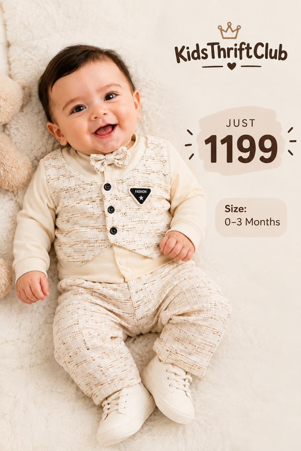 Beige Tweed Vest and Pants Formal Set with Bow Tie for Baby Boys (0-3 Months)