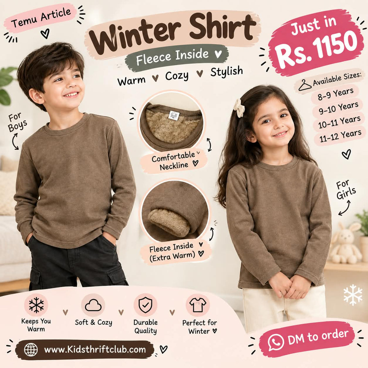 Unisex Brown Fleece-Lined Winter Shirt for Kids