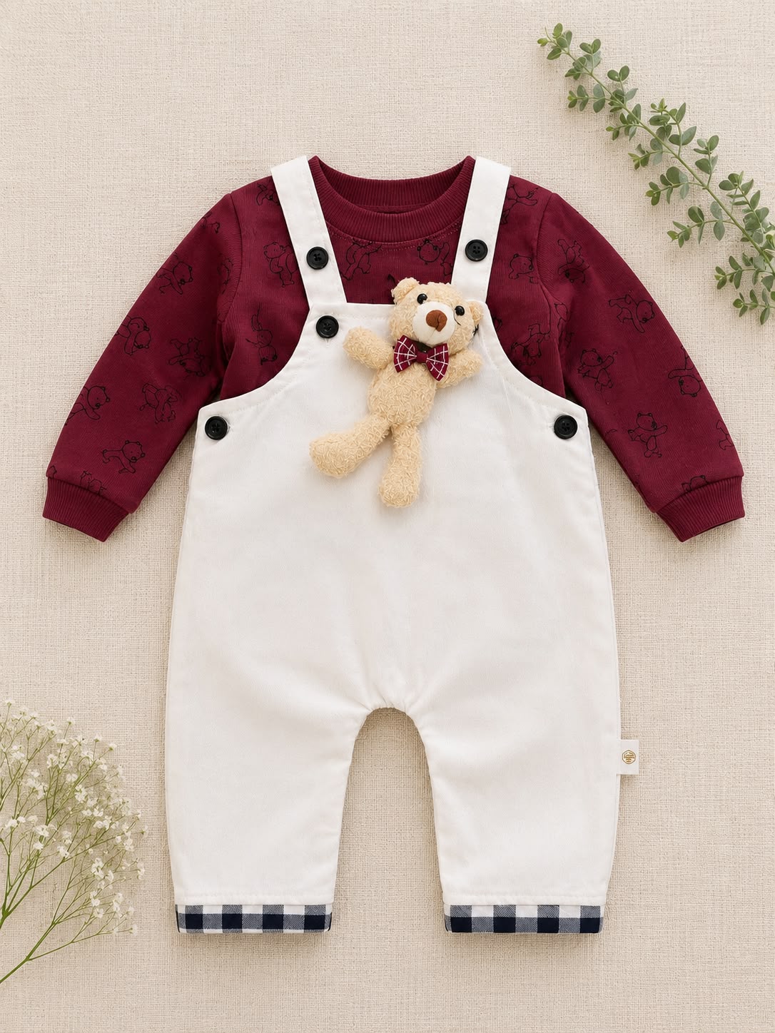 Unisex Off-White Dungaree Overall Set with 3D Teddy Bear for Babies