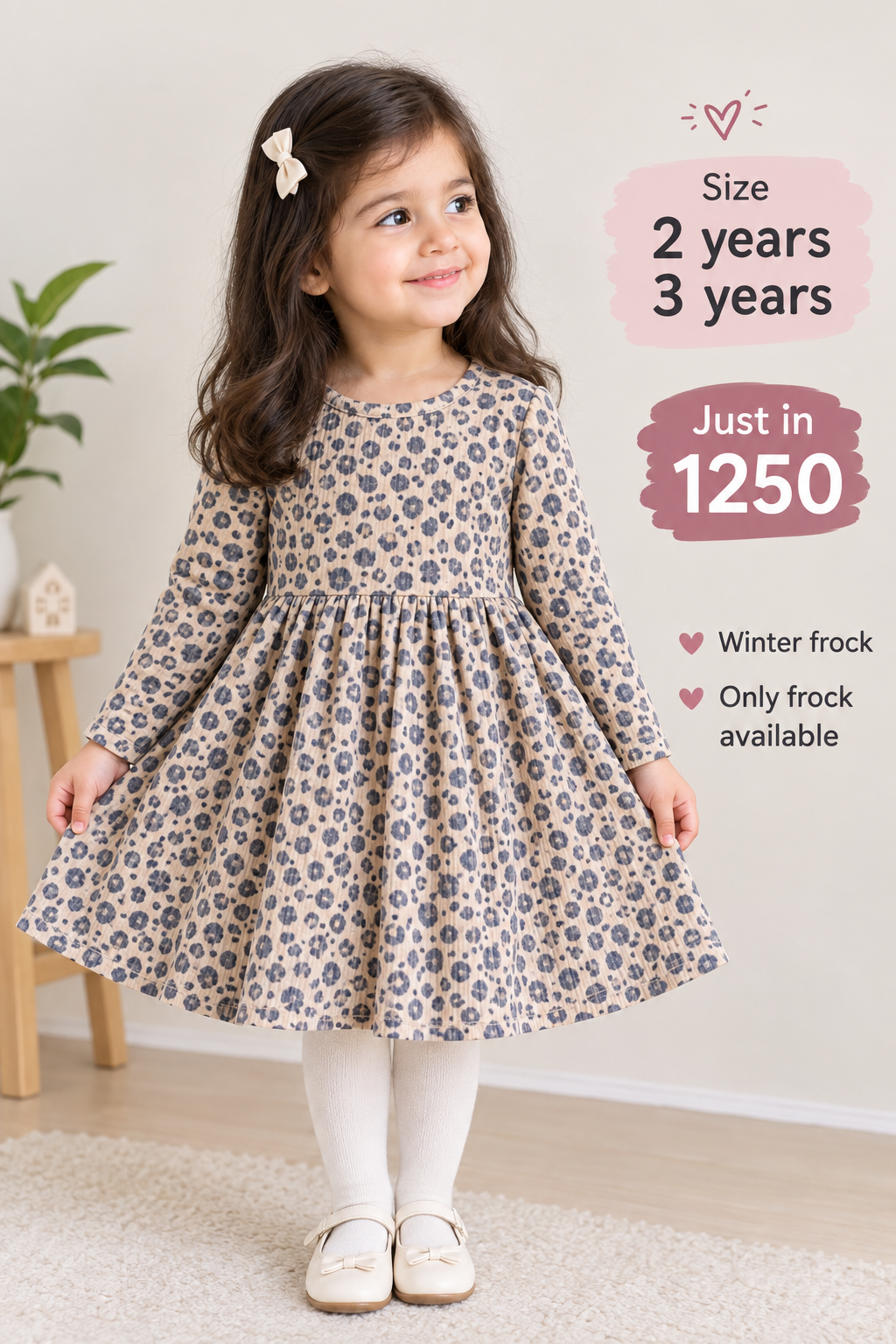 Beige and Grey Leopard Print Winter Frock for Girls