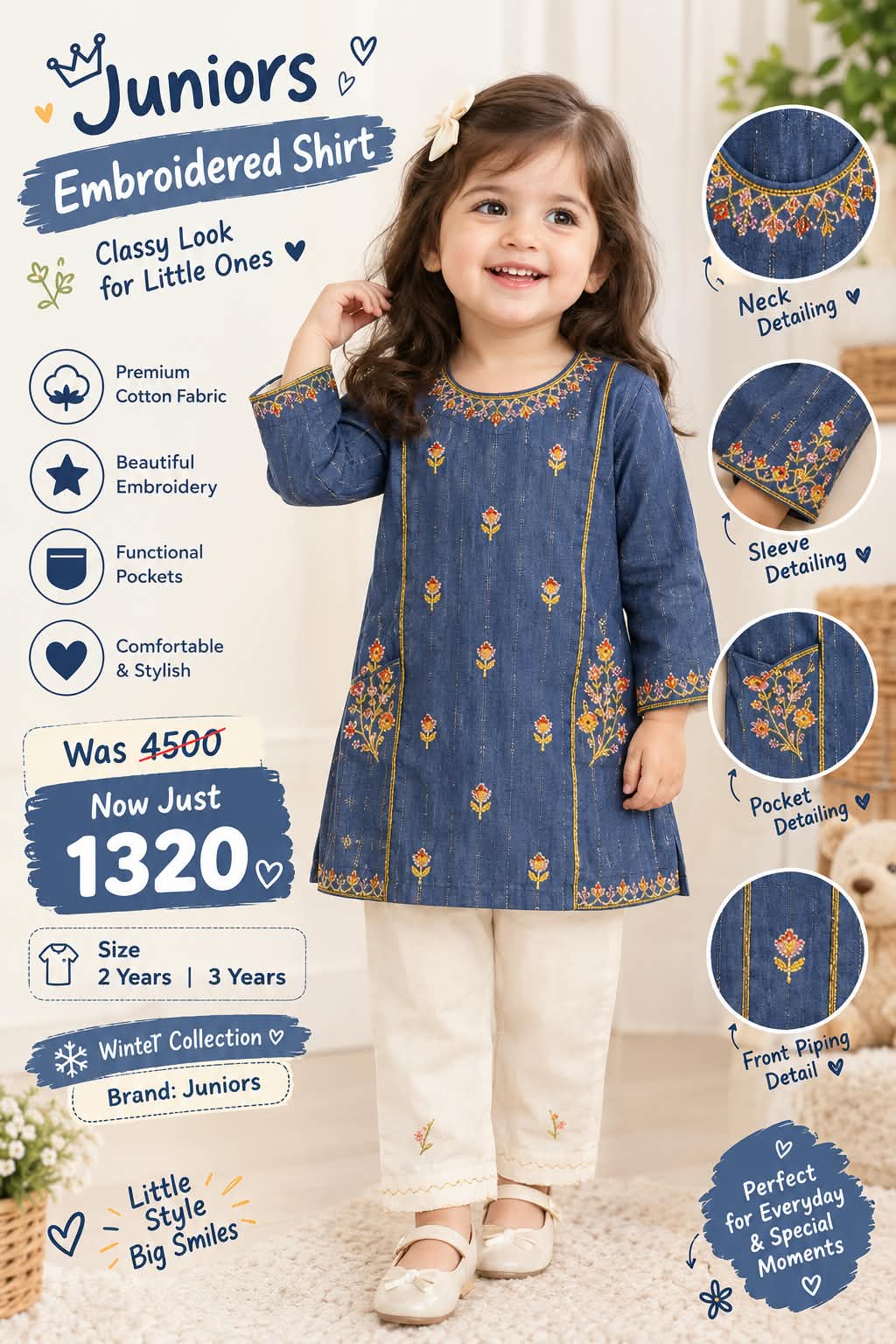 Juniors Blue Embroidered Shirt for Girls