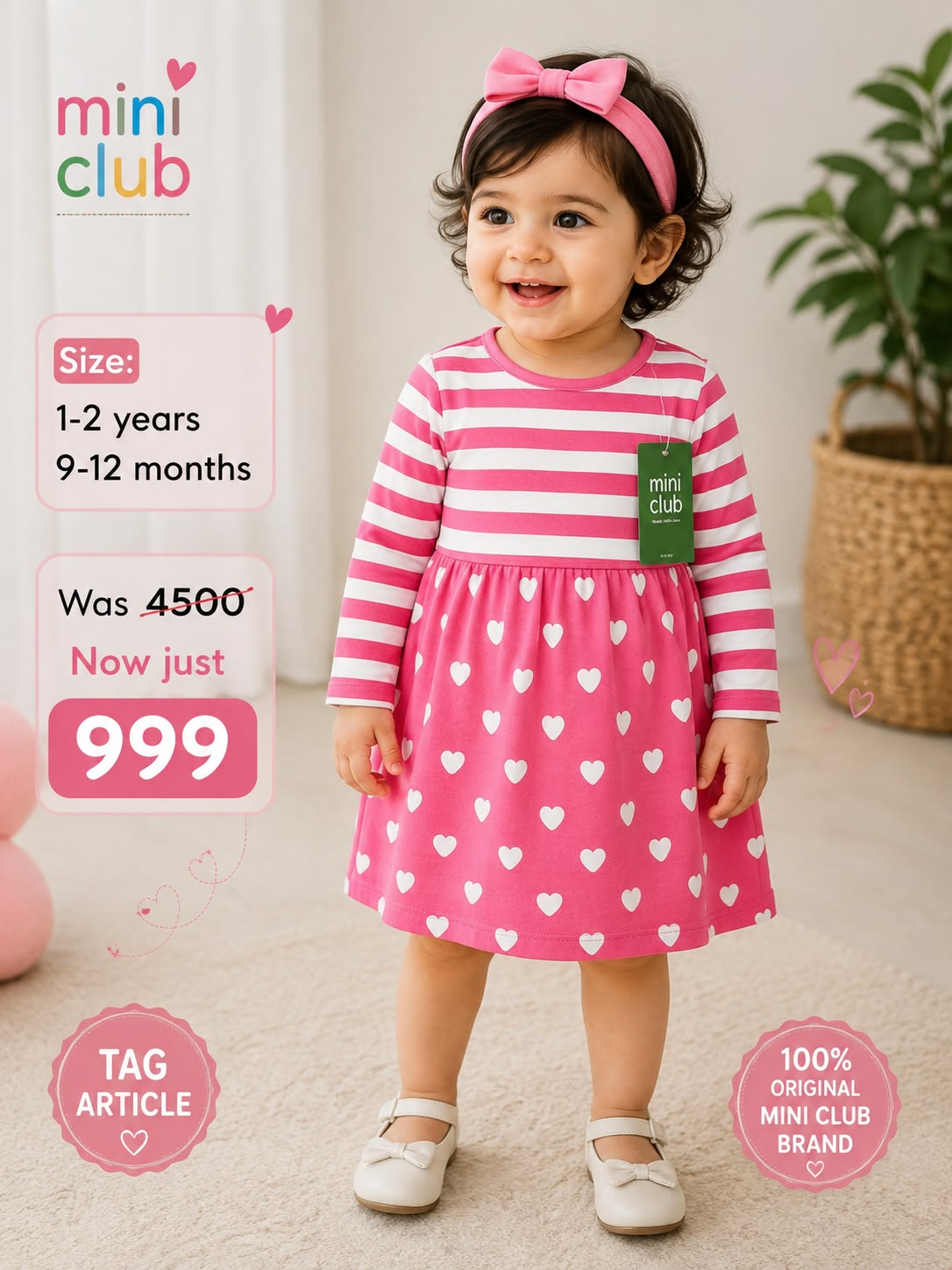 Mini Club Pink Striped & Heart Print Long Sleeve Baby Dress