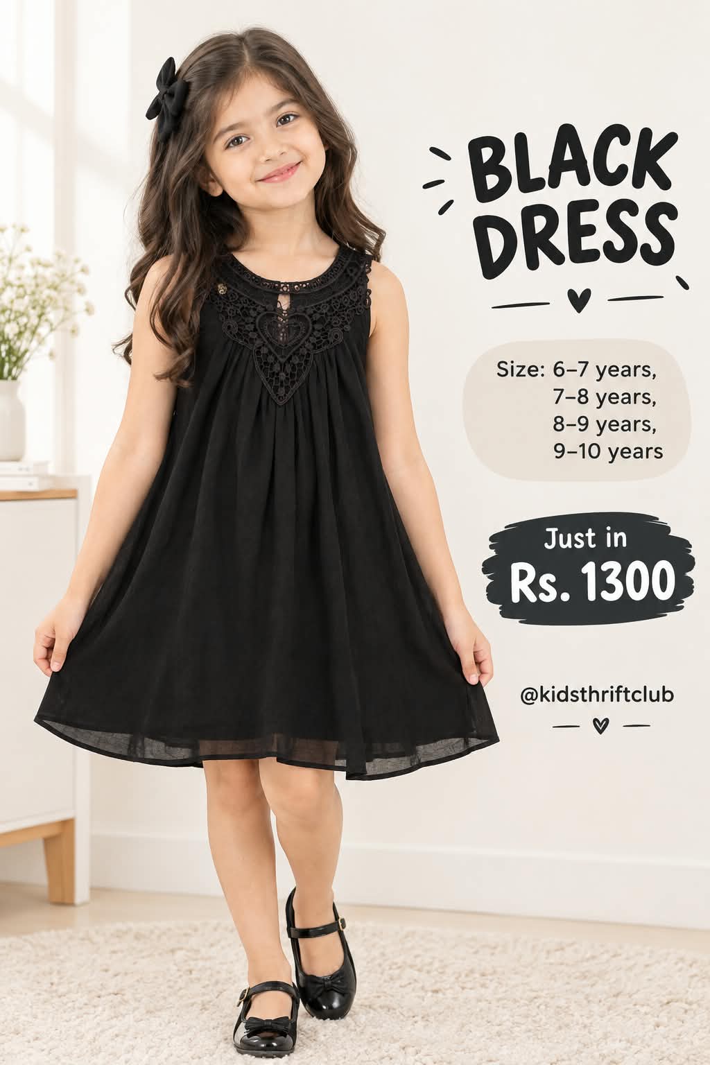 Kids Elegant Black Dress with Lace Neckline
