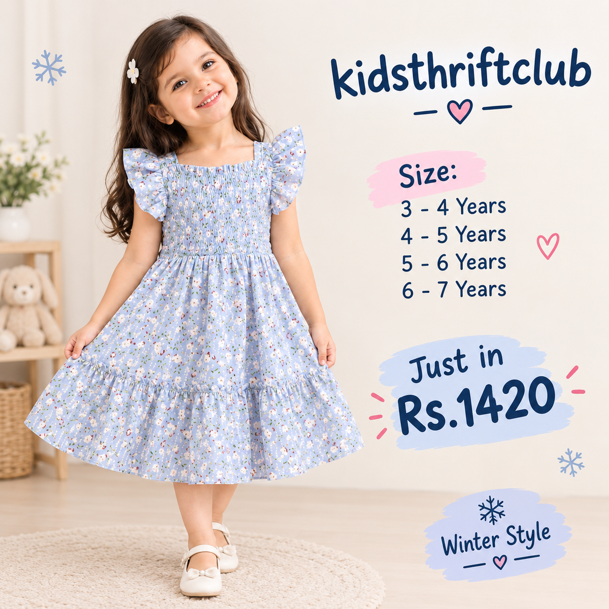 Blue Floral Smocked Ruffle Dress for Girls