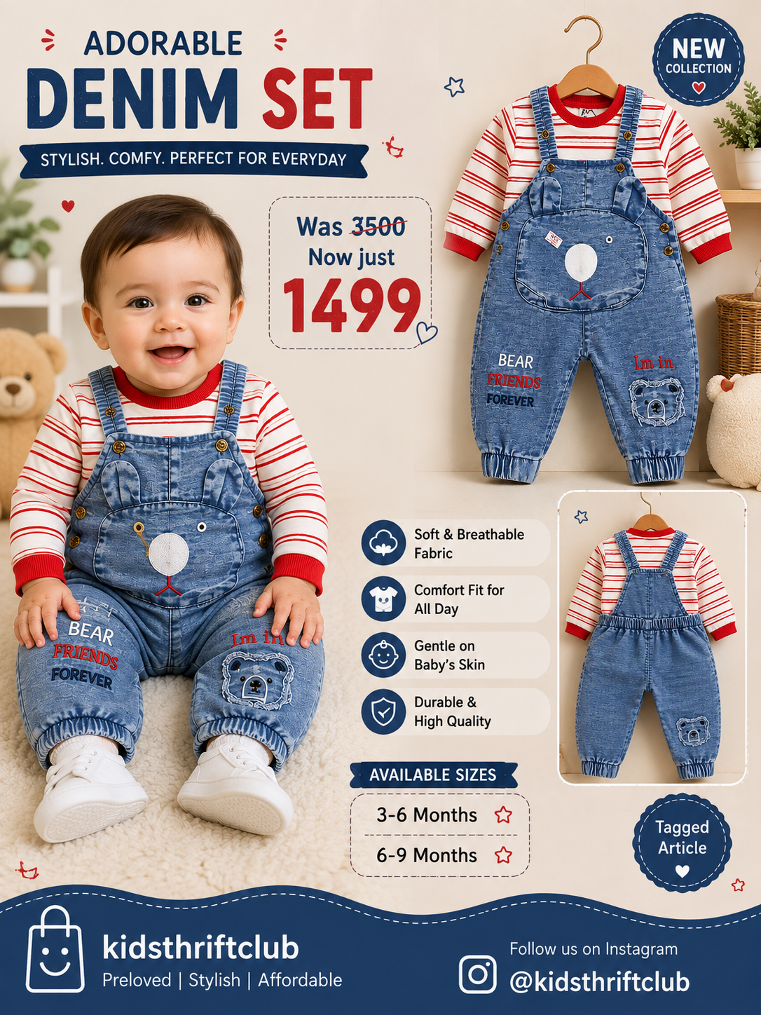 Unisex Soft Denim Dungarees & Red Striped Top 2-Piece Set