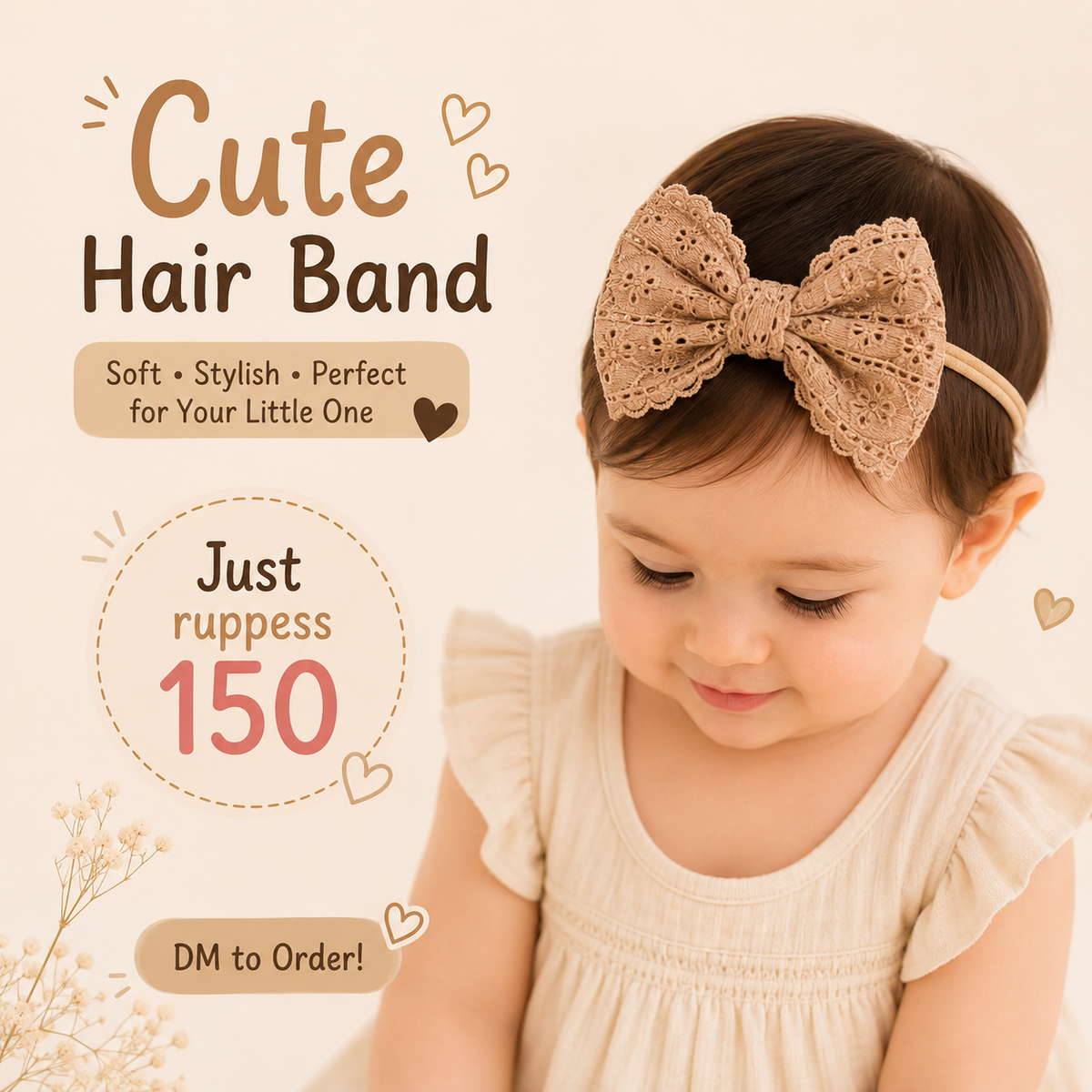 Vintage Beige Eyelet Lace Baby Bow Headband – Soft Nylon Band