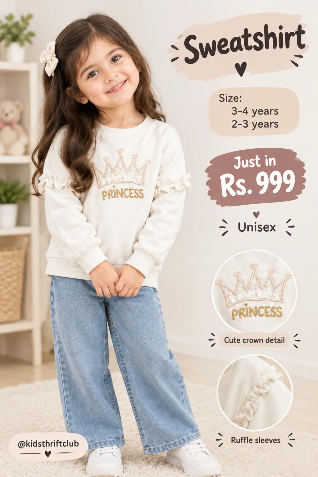 Kids "Princess" Crown Detail Ruffle Sleeve Sweatshirt