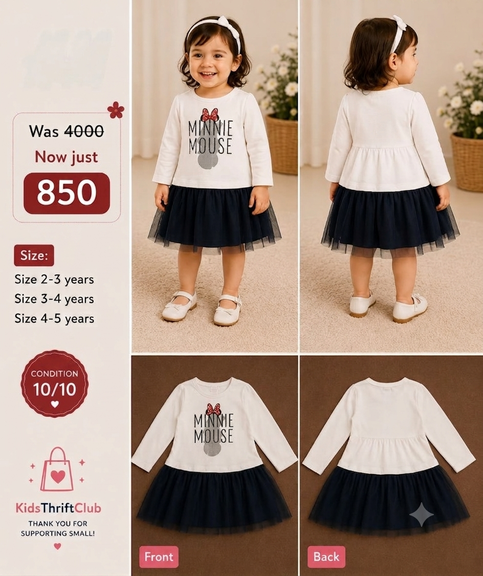 Disney Minnie Mouse Off-White & Navy Tulle Long Sleeve Baby Dress