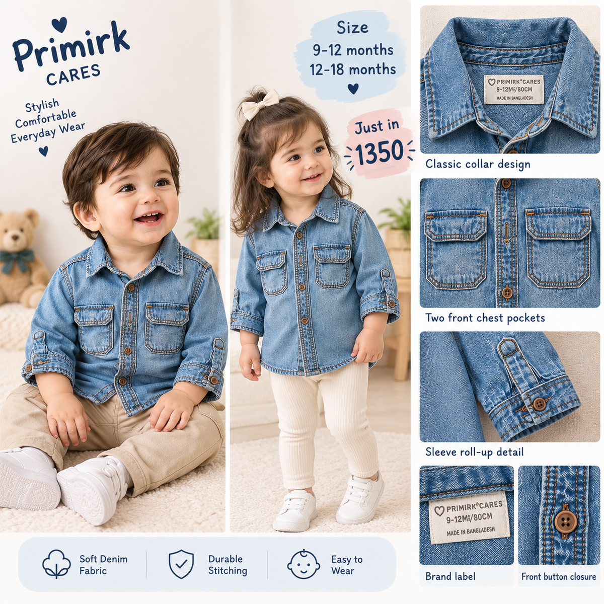 Primirk Kids Denim Shirt – Baby Boy & Girl Blue Denim Button-Up Shirt