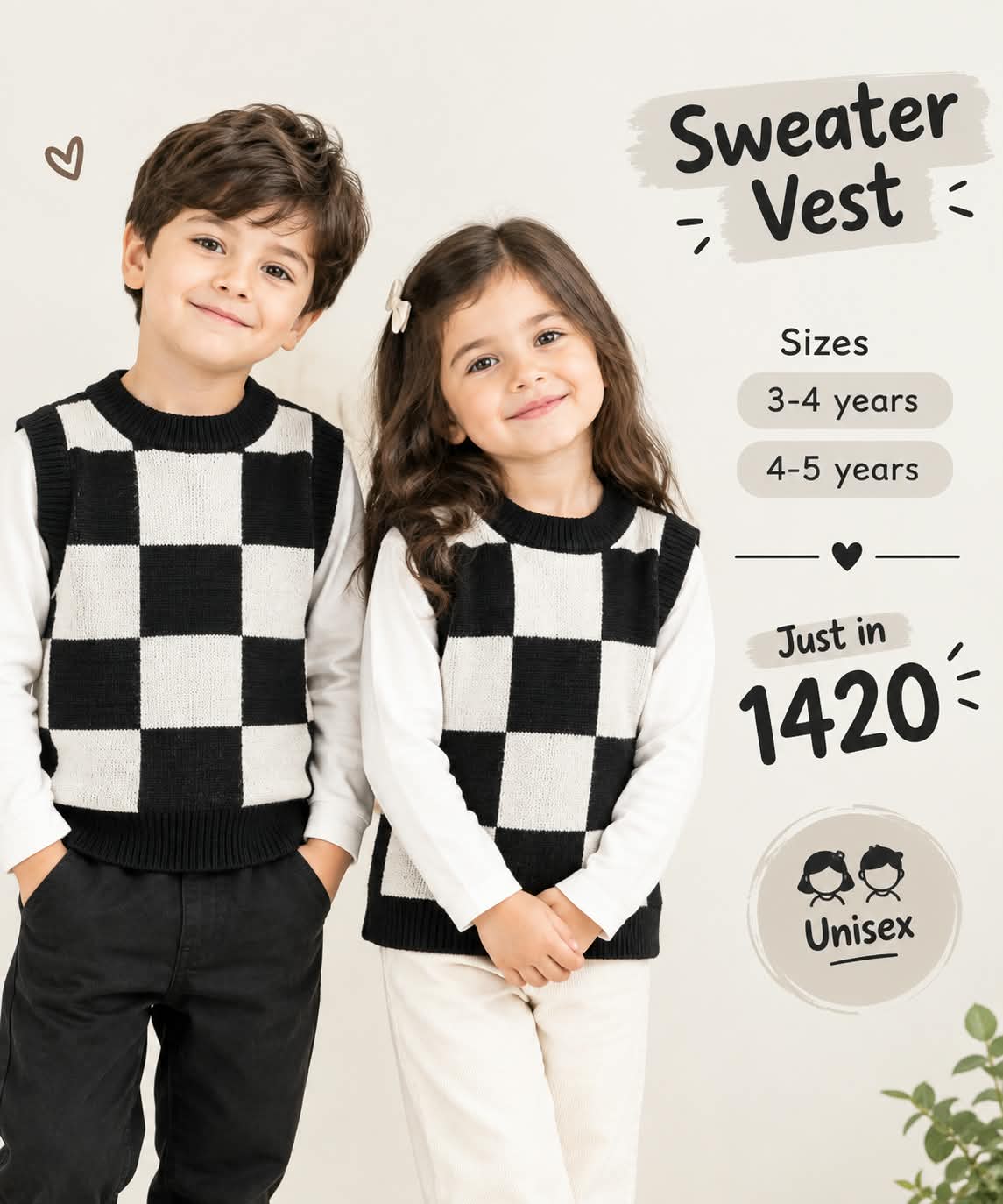 Unisex Black and White Checkered Knit Sweater Vest for Kids