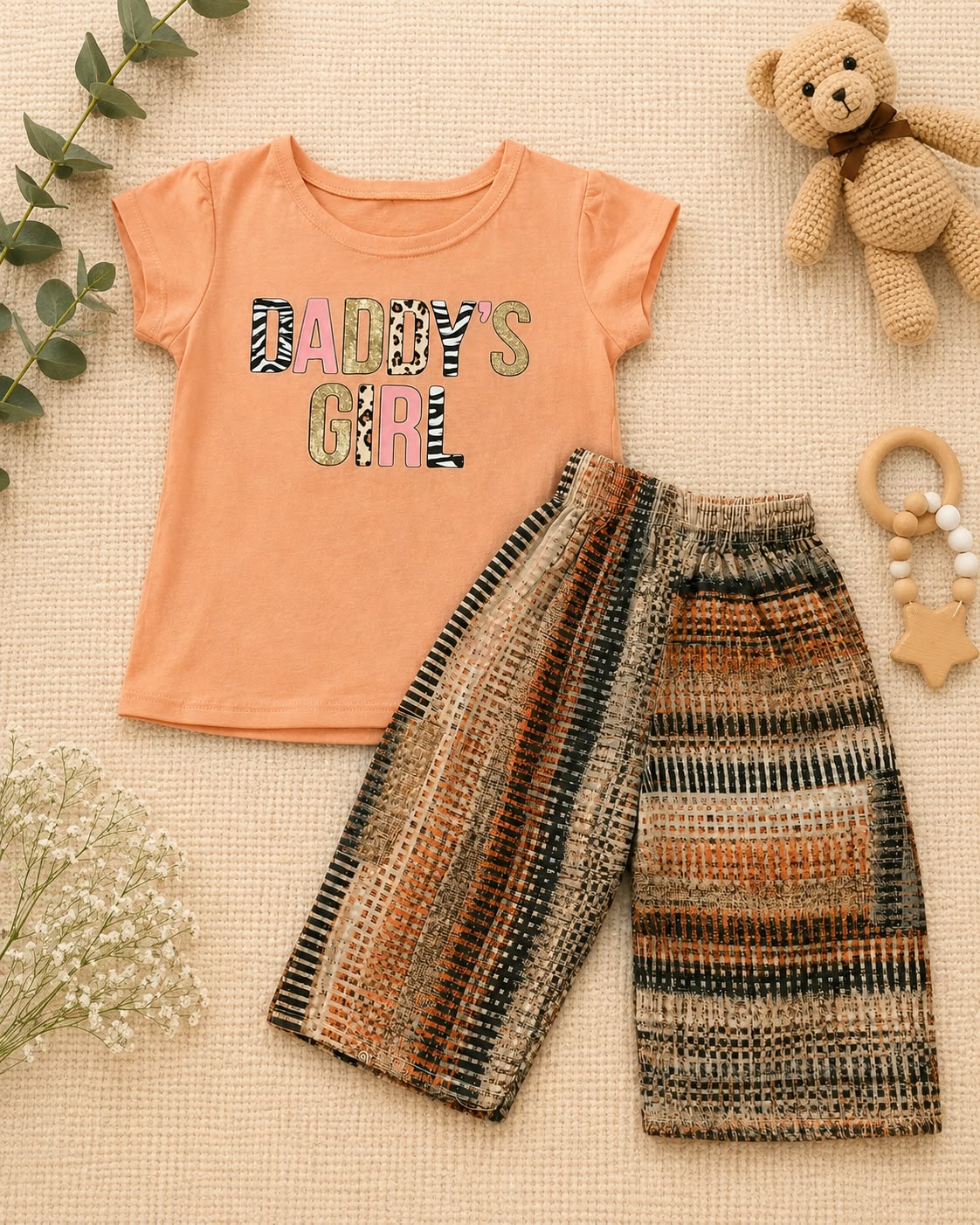 Girls Peach “Daddy’s Girl” T-Shirt & Printed Shorts 2-Piece Set