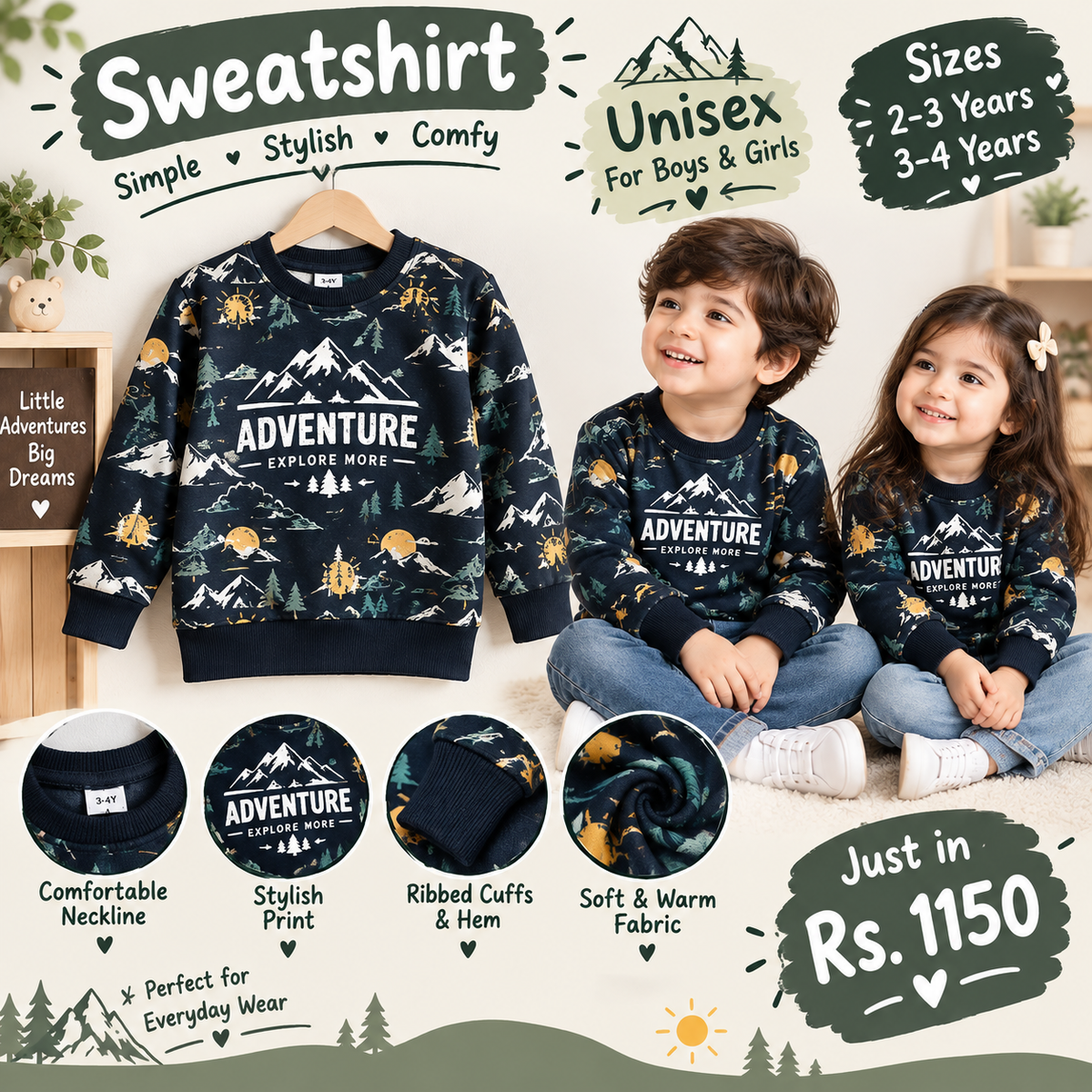 Navy Blue "Adventure" Print Winter Sweatshirt for Kids | Cozy Unisex Pullover