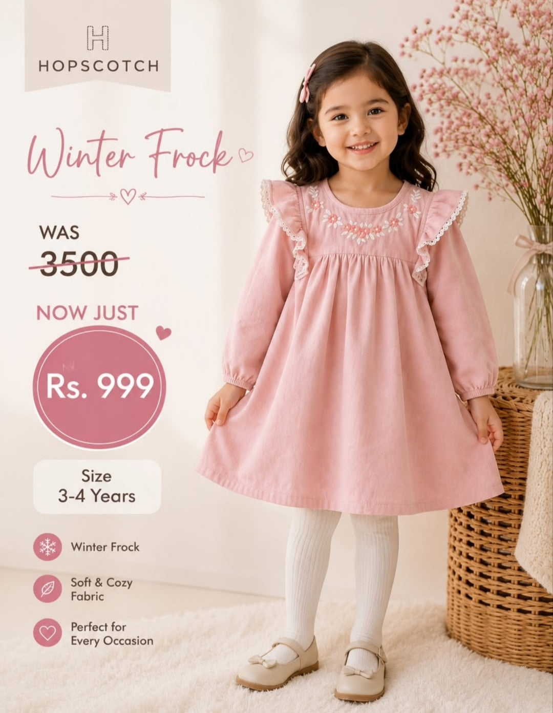 Hopscotch Girls Pink Floral Embroidered Winter Frock