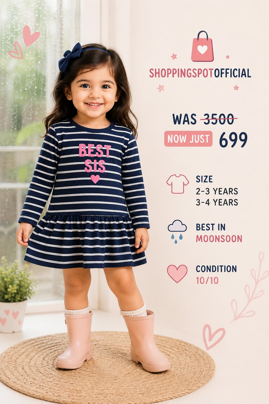 Girls Navy Blue Striped “Best Sis” Dress – Long Sleeve