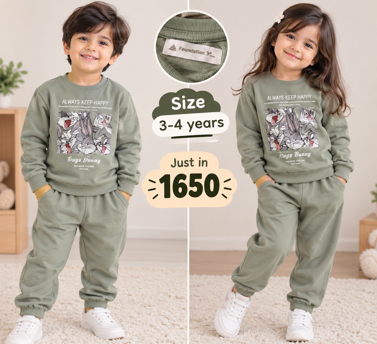 Foundation Olive Green Bugs Bunny Kids Sweatshirt and Trouser Set